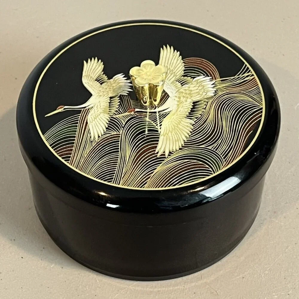 Vintage Japanese Round Trinket Powder Box Black Heron Birds